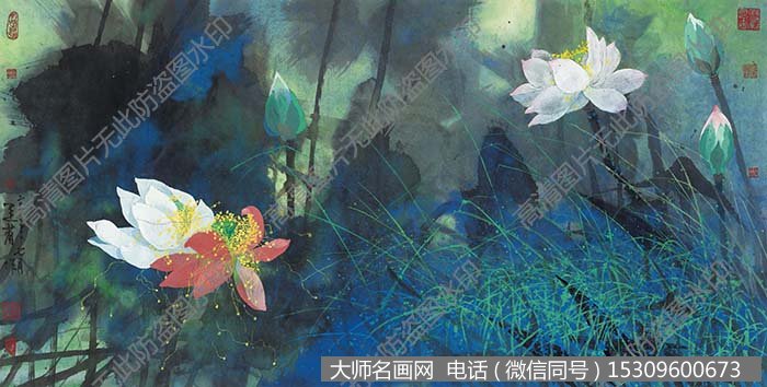 袁运甫《横幅红白荷塘》国画作品大图高清下载